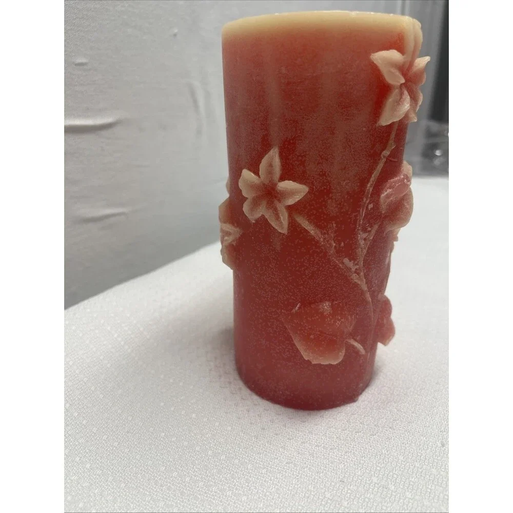 Vintage 6.5 x 3.5 Pink Yellow Raised Flowers Wax Pillar Candle Gift Unscented